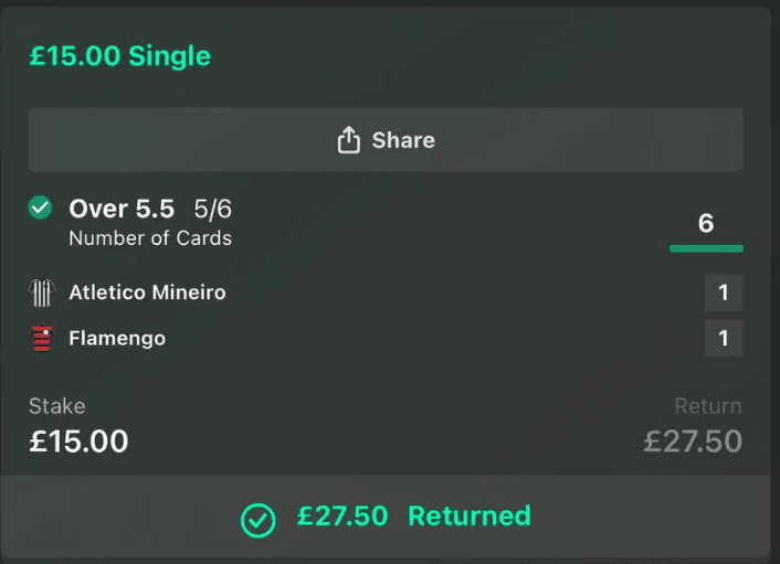 Over 5.5 Cards bet slip - £15 stake, £27.50 return