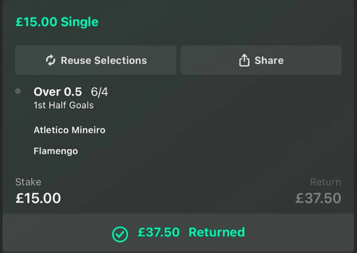 Over 0.5 First Half Goals bet slip - £15 stake, £37.50 return