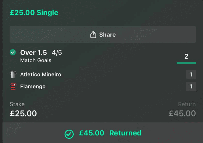 Over 1.5 Match Goals bet slip - £25 stake, £45 return