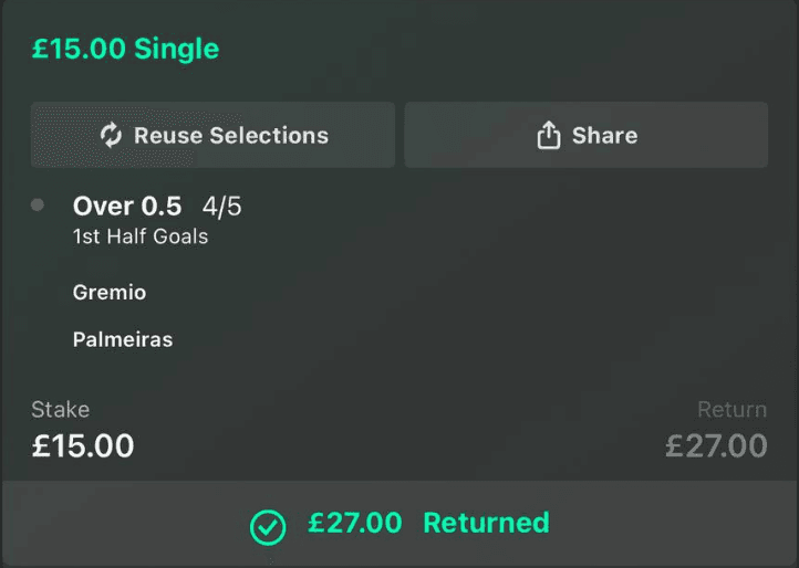Over 0.5 First Half Goals bet slip - £15 stake, £27 return