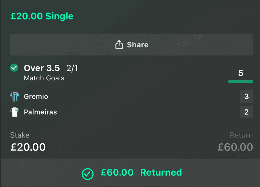 Over 3.5 Match Goals bet slip - £20 stake, £60 return
