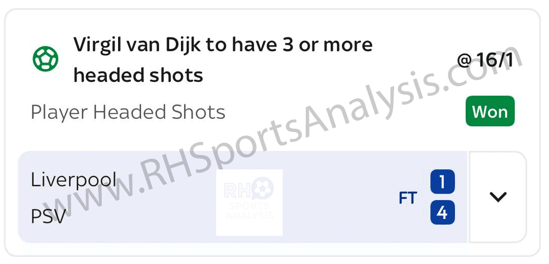 Van Dijk 3+ headed shots bet at 16/1 odds