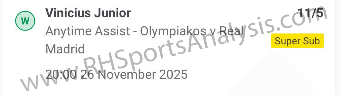 Vinicius Jr anytime assist bet at 11/5 odds