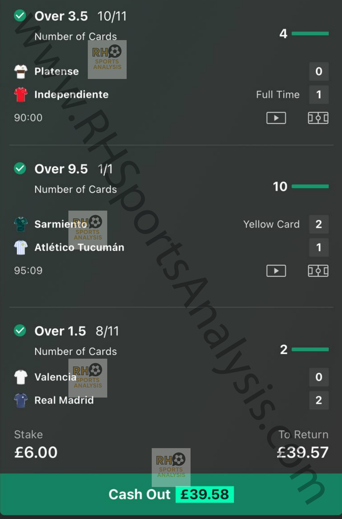 In play cards accumulator winning bet slip Platense Sarmiento Valencia Real Madrid