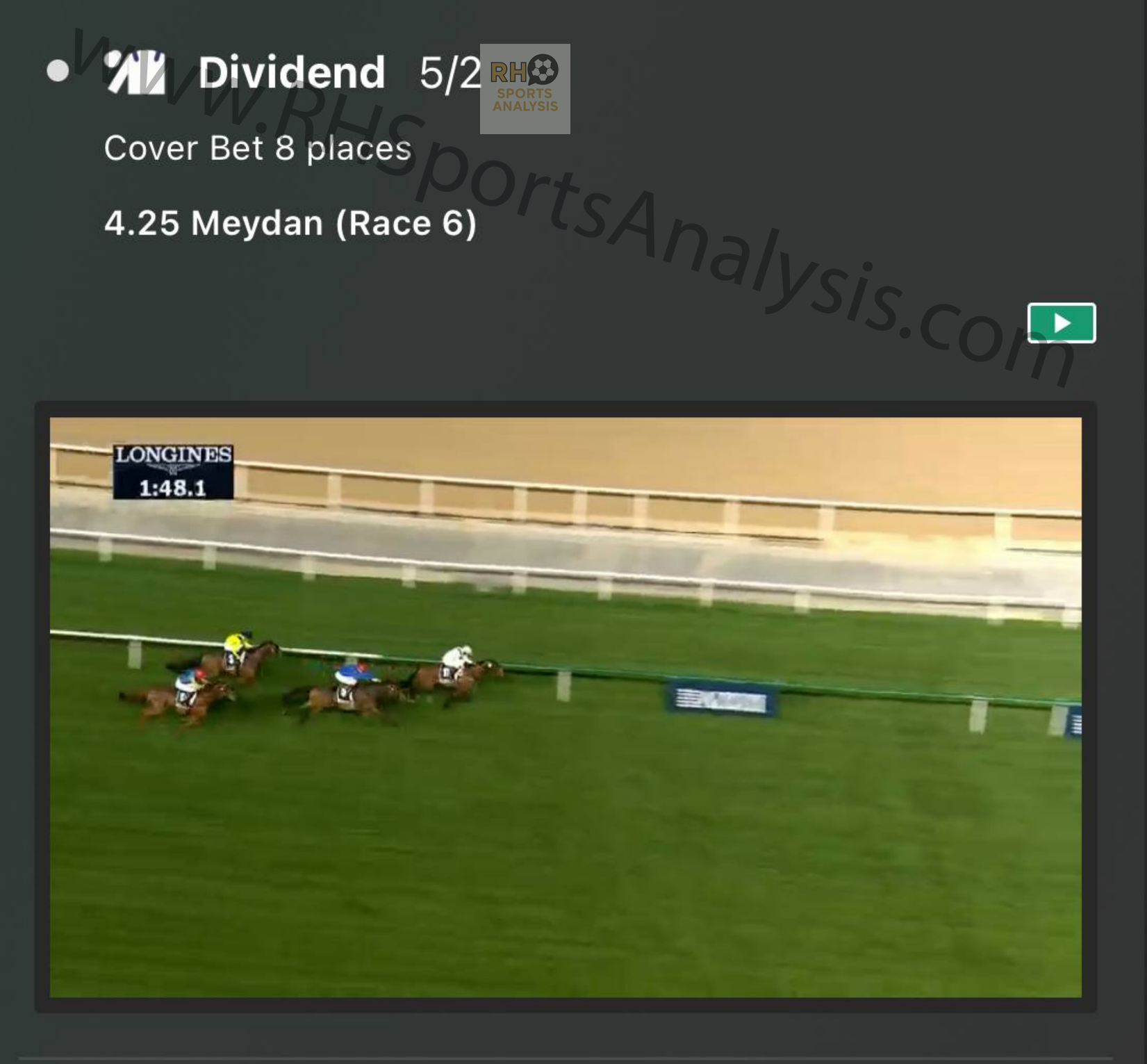 Dividend winning bet slip at 7/1 each way odds Meydan Race 6