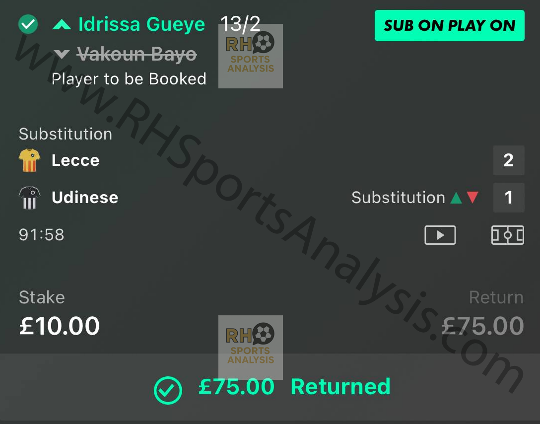 Idrissa Gueye Player To Be Booked winning bet slip at 13/2 odds Lecce vs Udinese