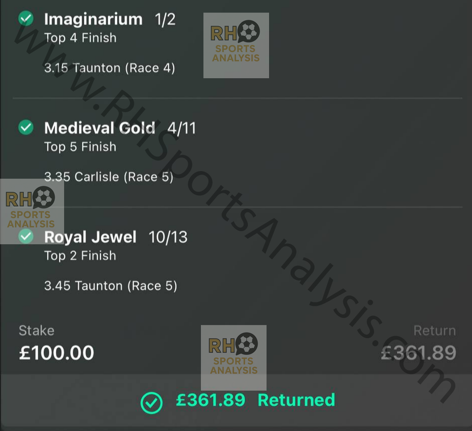 Horse racing treble winning slip Imaginarium Medieval Gold Royal Jewel £100 stake returning £361.89