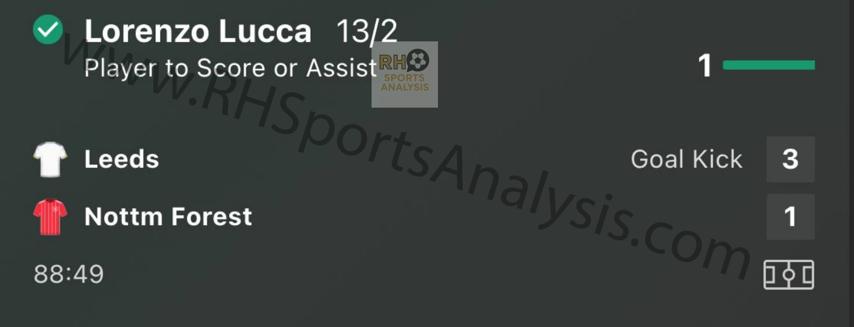 Lorenzo Lucca Player To Score or Assist winning bet slip at 13/2 odds Leeds vs Nottingham Forest