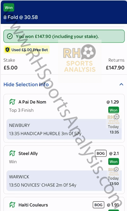 Newbury Warwick 8 fold accumulator winning slip part 1 A Pai De Nom Steel Ally Haiti Couleurs