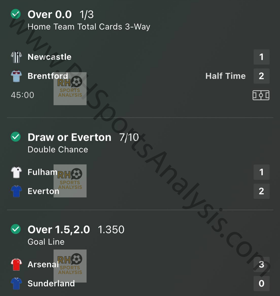 Newcastle Brentford Fulham Everton Arsenal Sunderland multi match accumulator winning slip