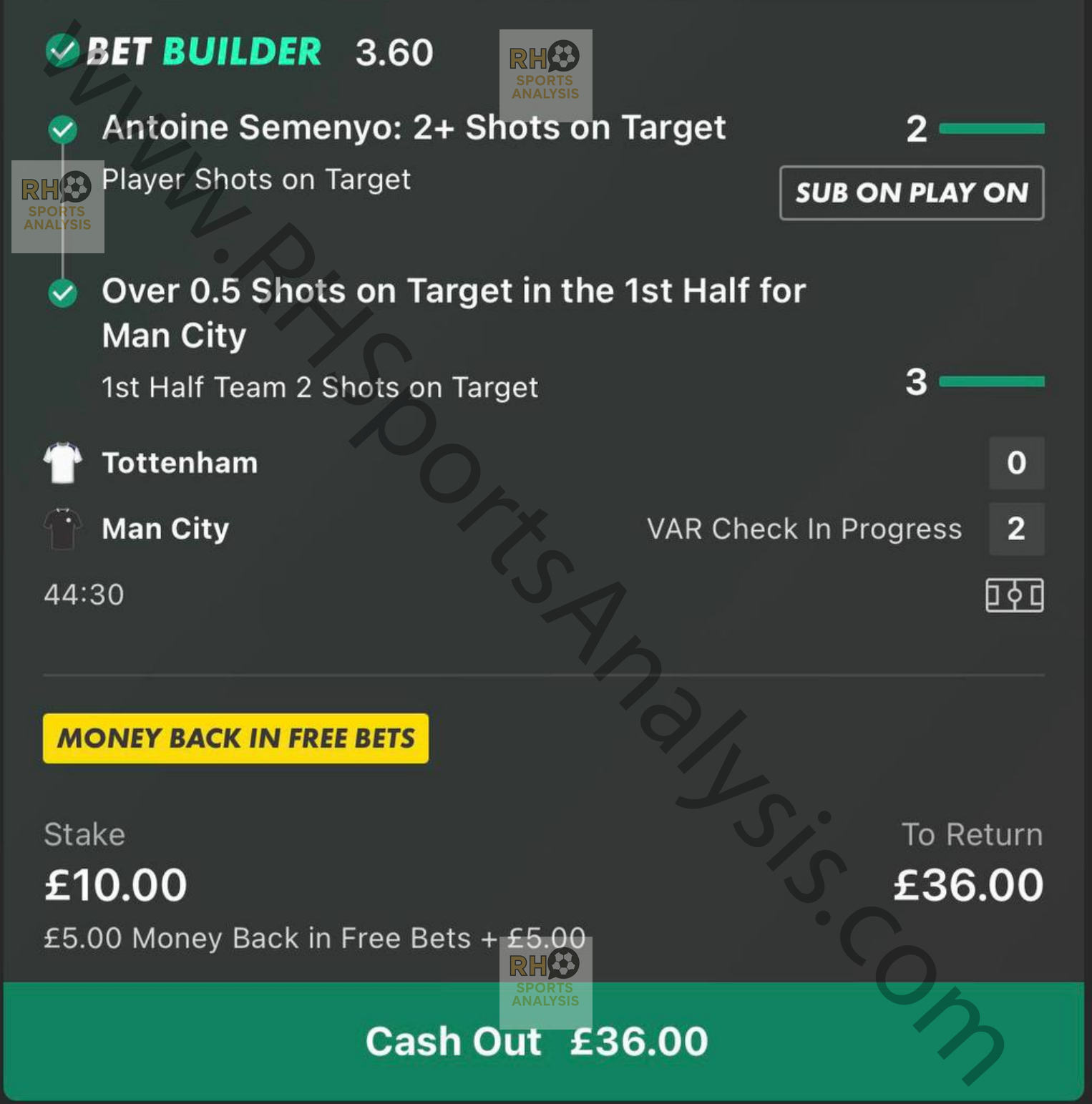 Semenyo 2+ SOT and Man City 1H SOT Bet Builder winning slip at 3.60 odds Tottenham vs Manchester City
