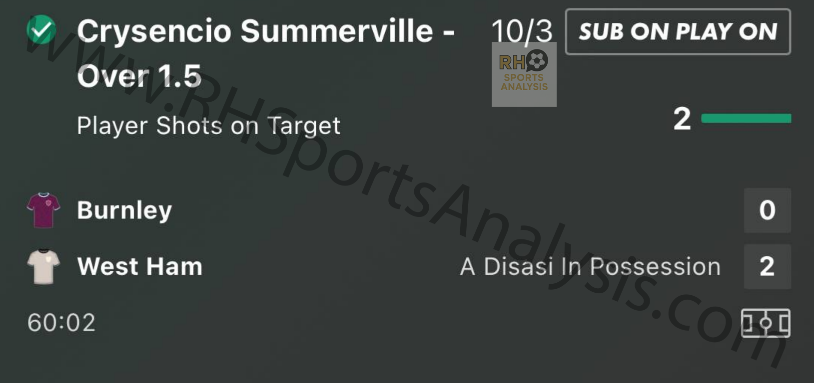 Crysencio Summerville Over 1.5 Shots on Target winning bet slip at 10/3 odds Burnley vs West Ham