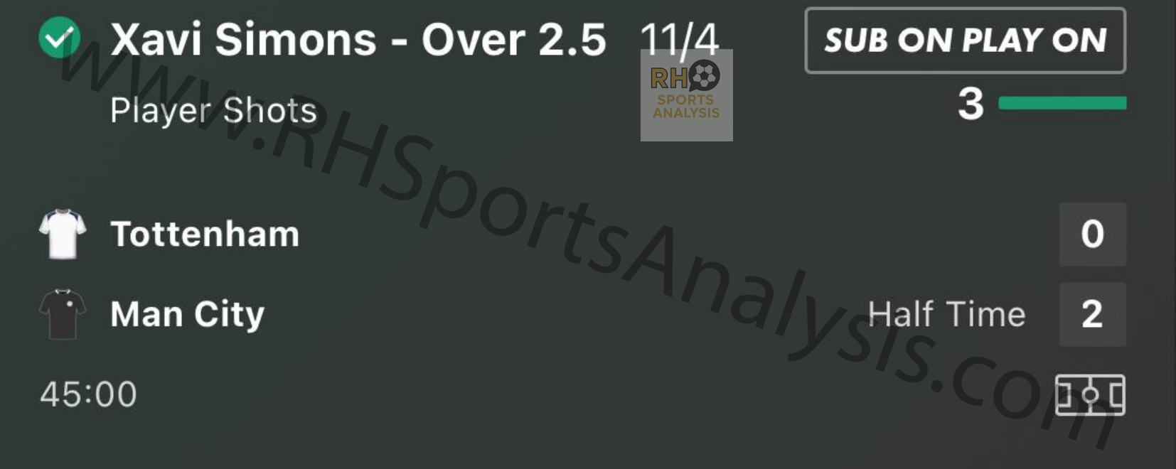 Xavi Simons Over 2.5 Player Shots winning bet slip at 11/4 odds Tottenham vs Manchester City