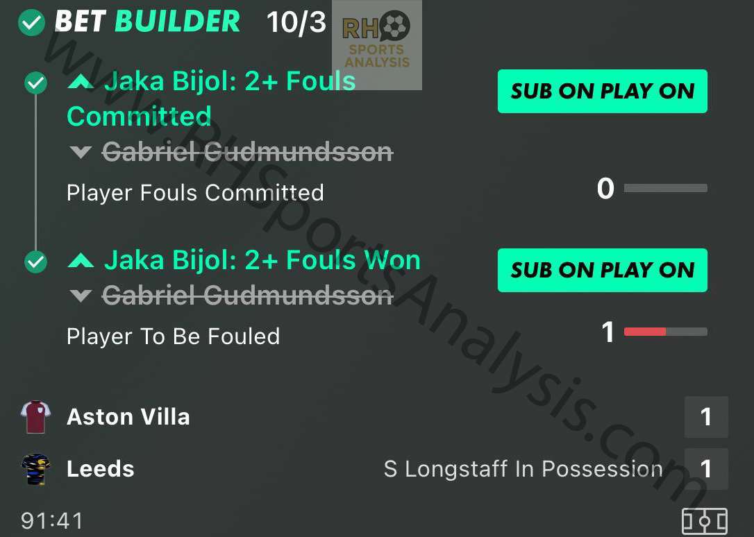 Jaka Bijol fouls bet builder winning slip at 10/3 odds Aston Villa vs Leeds United Sub On Play On