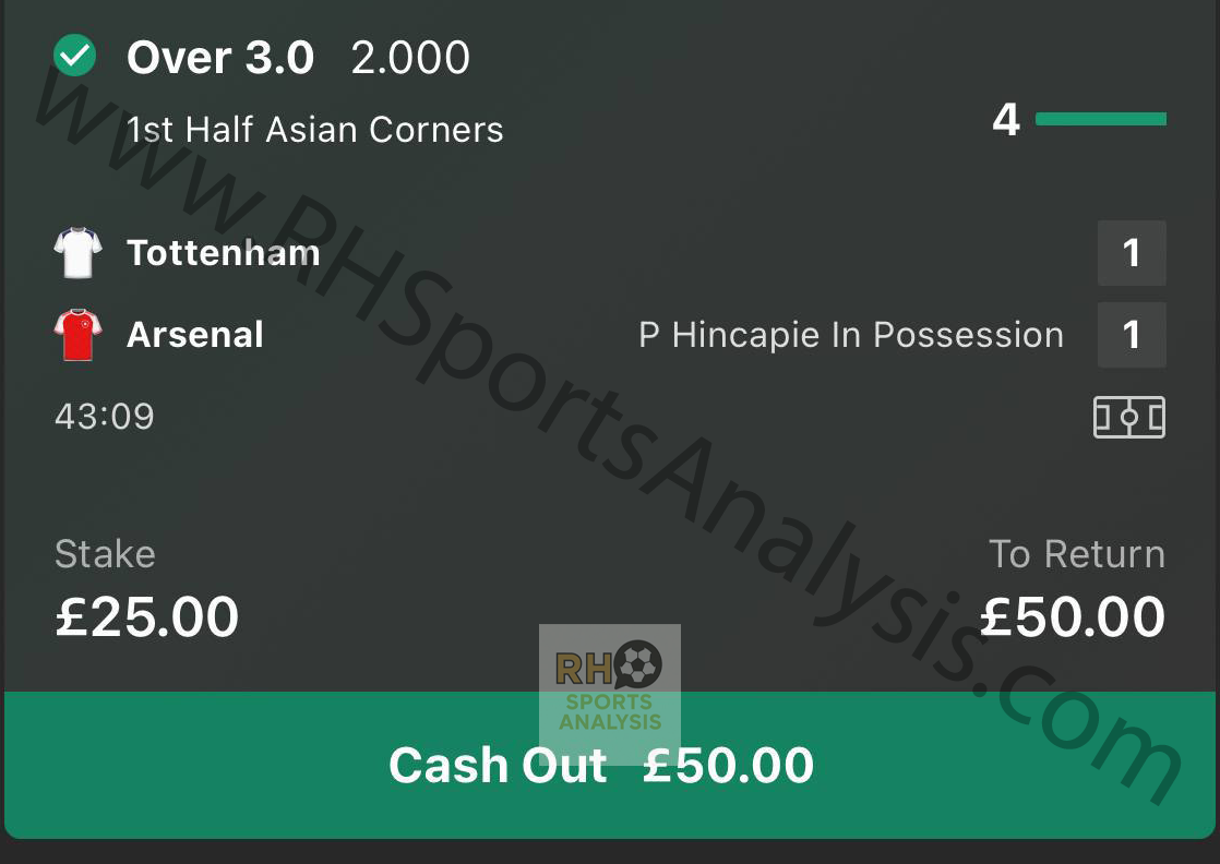 Counta AI Over 3.0 First Half Asian Corners winning bet slip at evens odds Tottenham vs Arsenal free tip