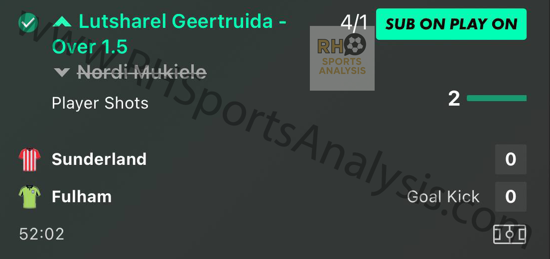 Lutsharel Geertruida Over 1.5 Shots winning bet slip at 4/1 odds Sunderland vs Fulham Sub On Play On