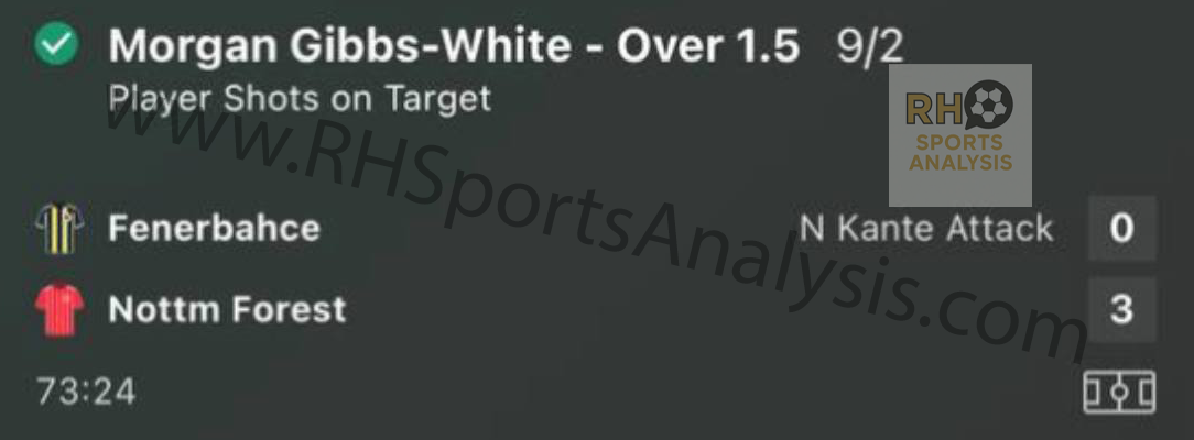 Morgan Gibbs-White Over 1.5 Shots on Target winning bet slip at 9/2 odds Fenerbahce vs Nottingham Forest Europa League