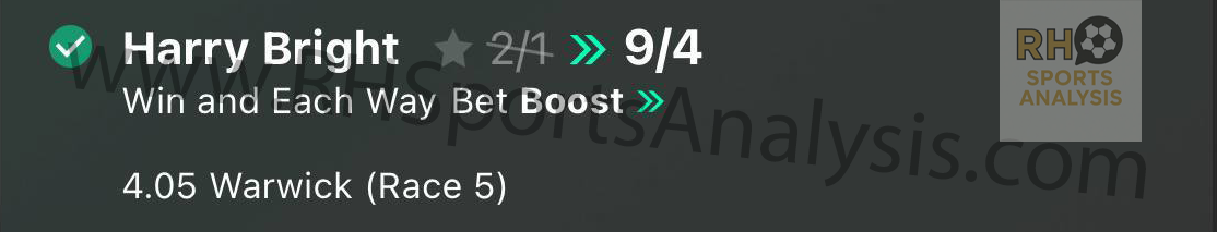 Harry Bright winning bet slip at 9/4 odds with bet boost at Warwick 4.05 race ridden by Harry Skelton