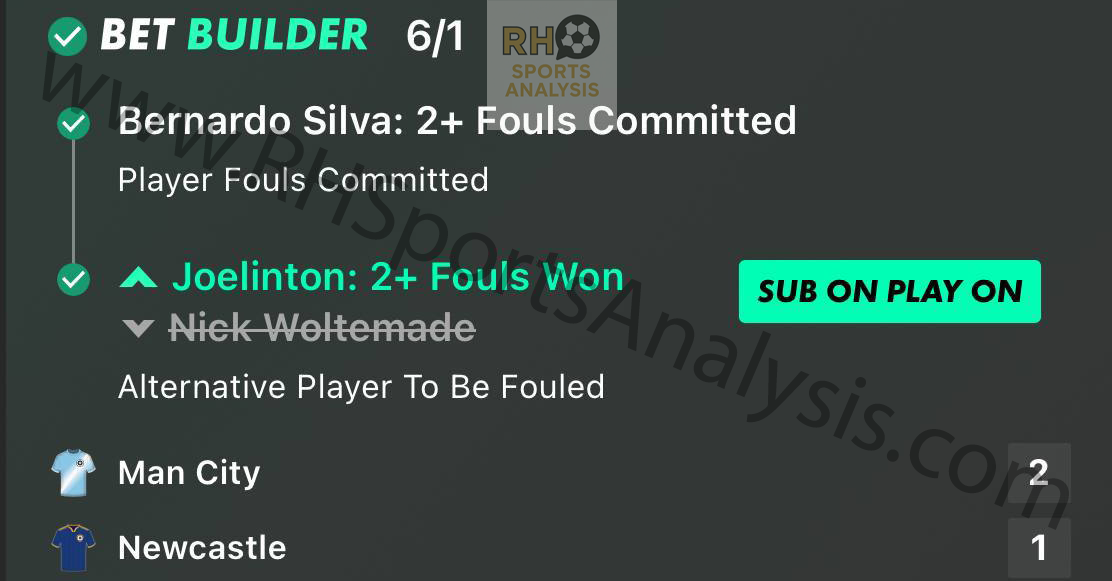 Bernardo Silva 2+ Fouls Committed and Joelinton 2+ Fouls Won bet builder winning slip at 6/1 odds Man City vs Newcastle