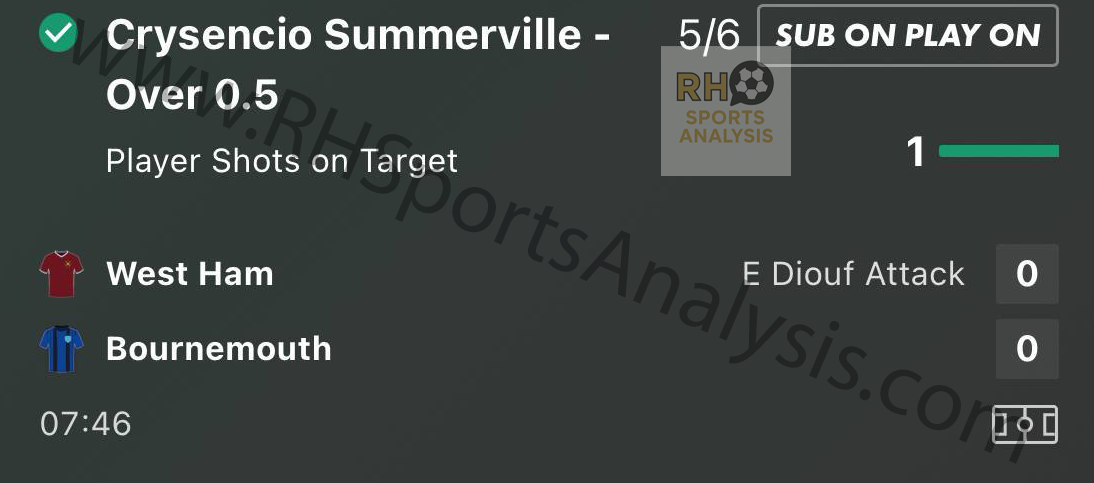 Crysencio Summerville Over 0.5 Shots on Target winning bet slip at 5/6 odds West Ham vs Bournemouth