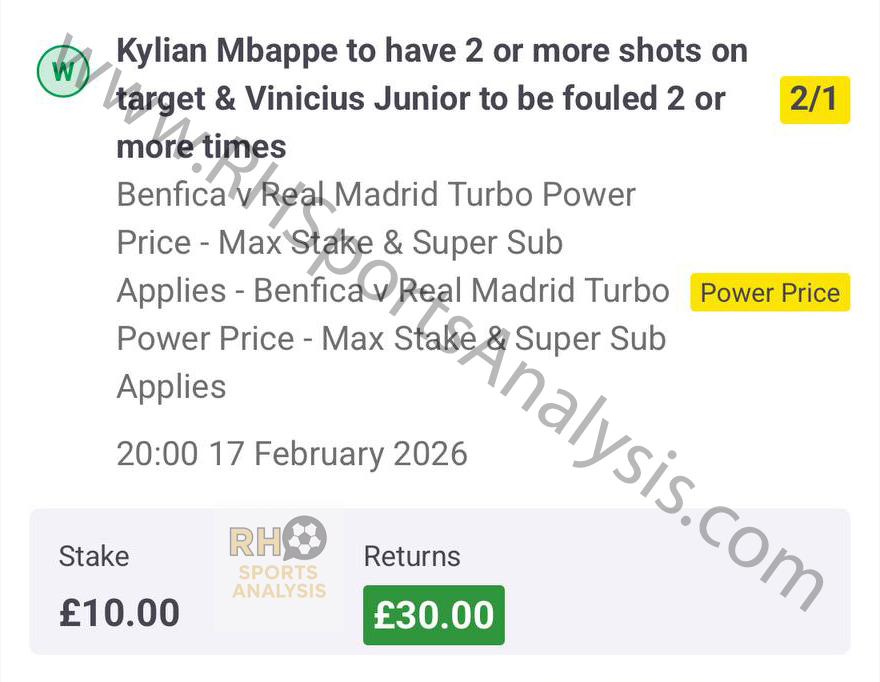 Mbappe 2+ Shots on Target and Vinicius Junior 2+ Fouls Won Bet Builder winning slip at 2/1 odds Benfica vs Real Madrid Champions League
