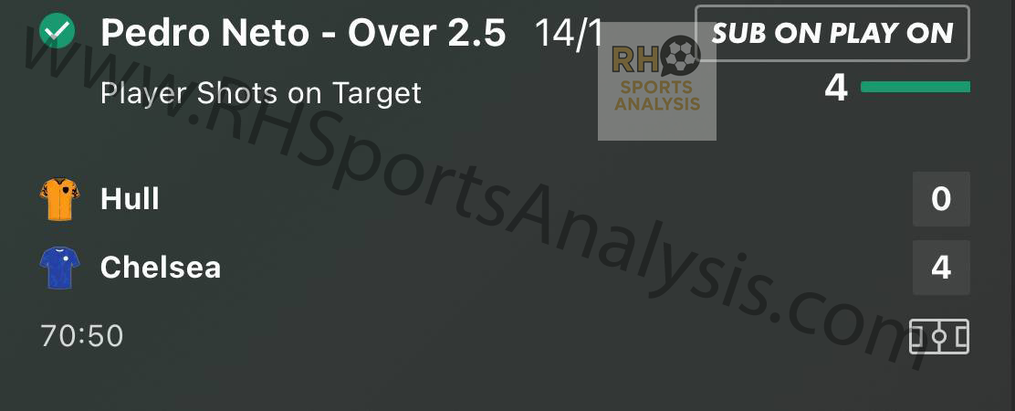 Pedro Neto Over 2.5 Shots on Target winning slip at 14/1 odds Hull vs Chelsea FA Cup