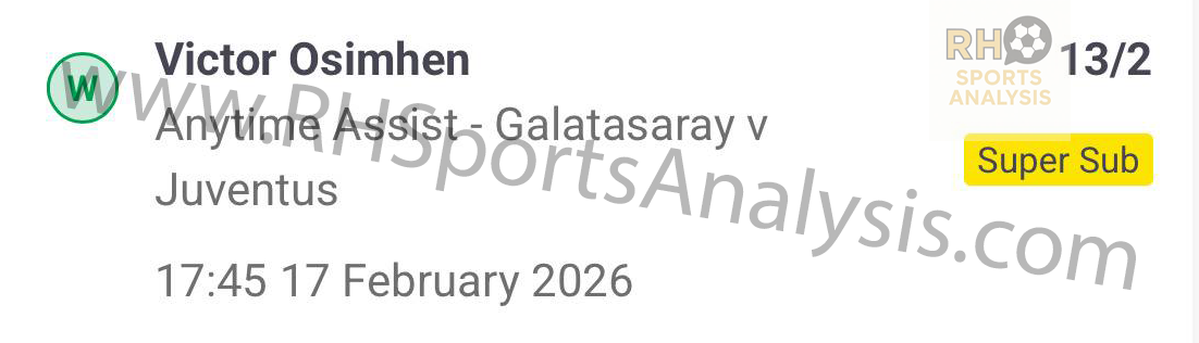 Victor Osimhen Anytime Assist winning slip at 13/2 odds Galatasaray vs Juventus Europa League
