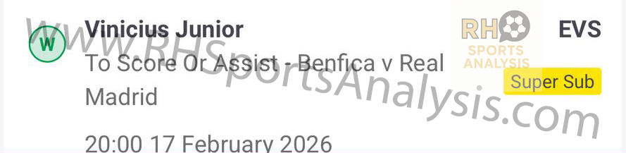 Vinicius Junior to Score or Assist winning slip at EVS odds Benfica vs Real Madrid Champions League