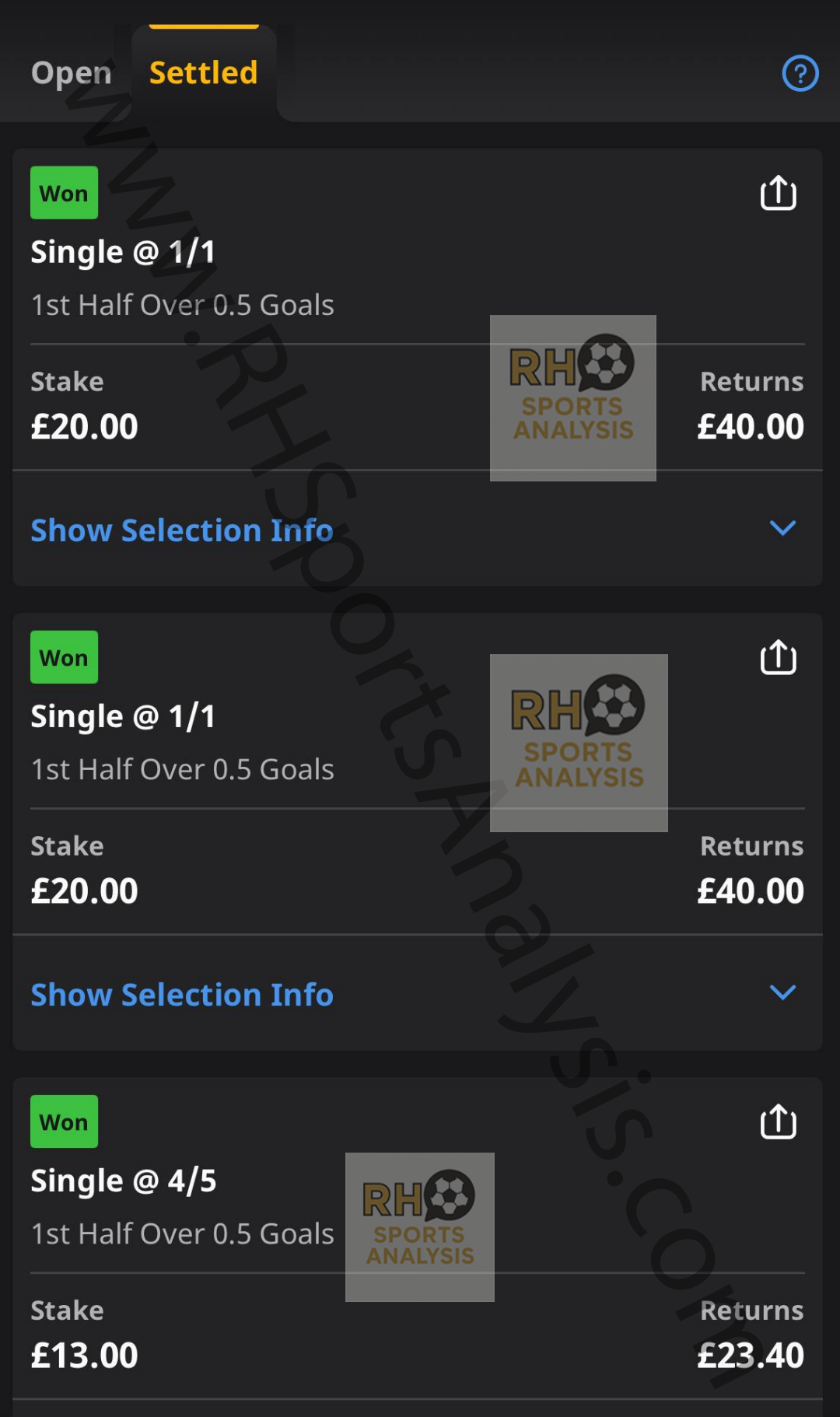 Three 1st Half Over 0.5 Goals winners at 1/1 1/1 and 4/5 odds Europa League