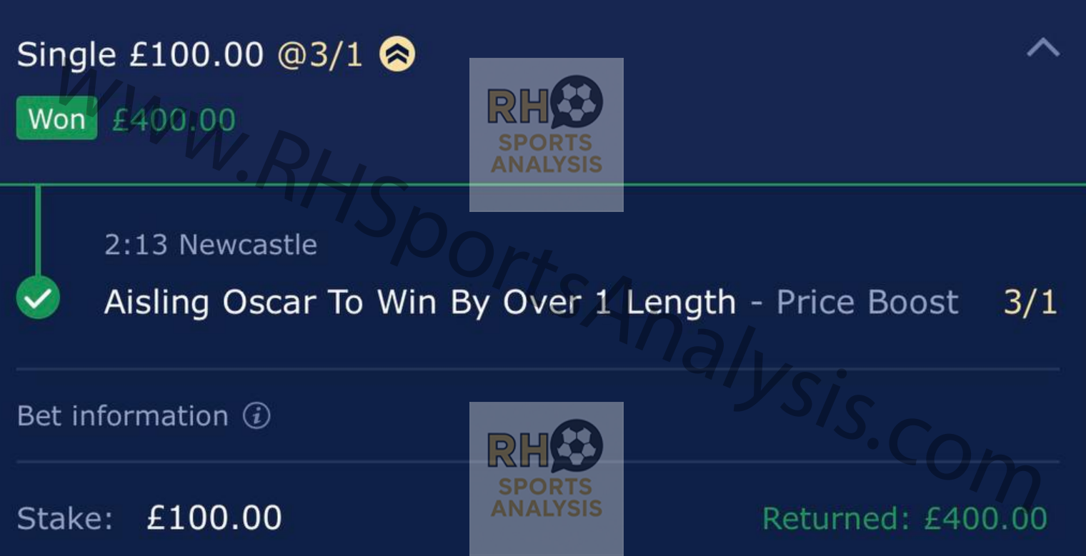 Aisling Oscar To Win By Over 1 Length winner at 3/1 odds Newcastle racing