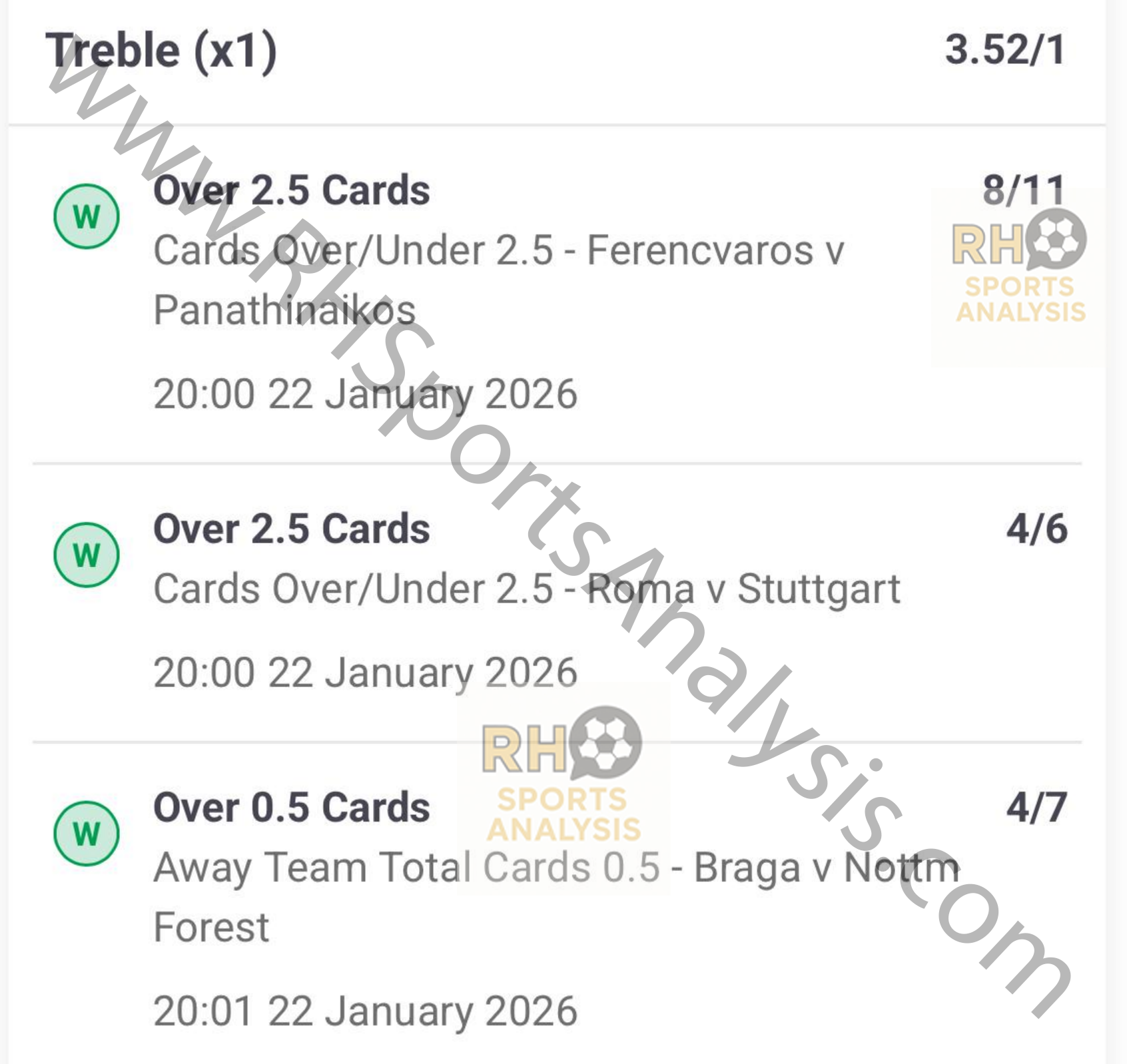 Europa League treble winner at 3.52/1 odds combining Ferencvaros Roma and Braga cards