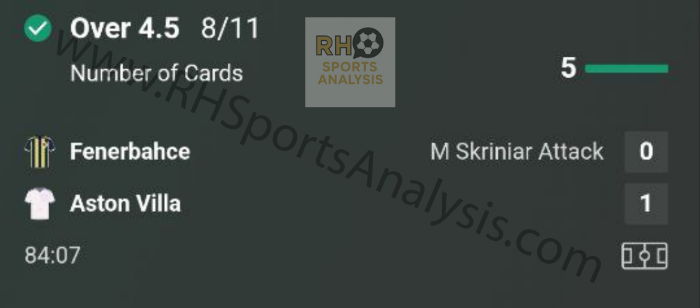 Fenerbahce vs Aston Villa Over 4.5 Cards winner at 8/11 odds Europa League