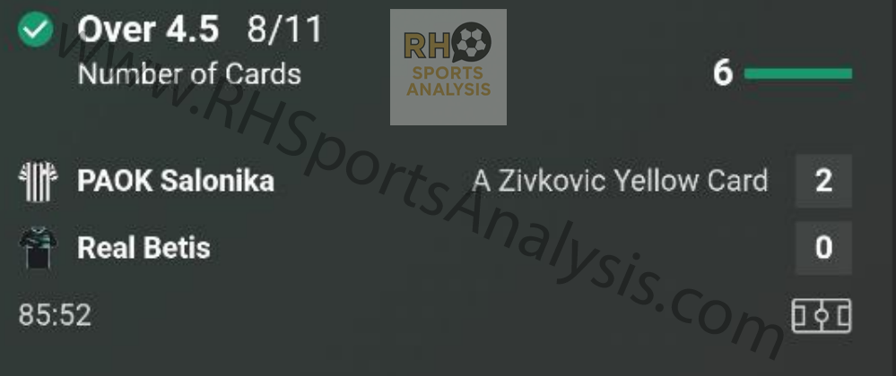 PAOK vs Real Betis Over 4.5 Cards winner at 8/11 odds Europa League