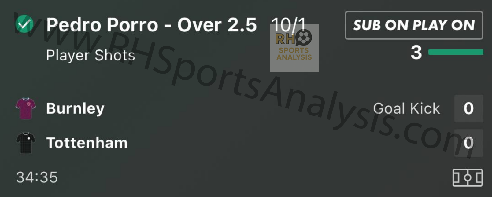 Pedro Porro Over 2.5 Shots winner at 10/1 odds Burnley vs Tottenham