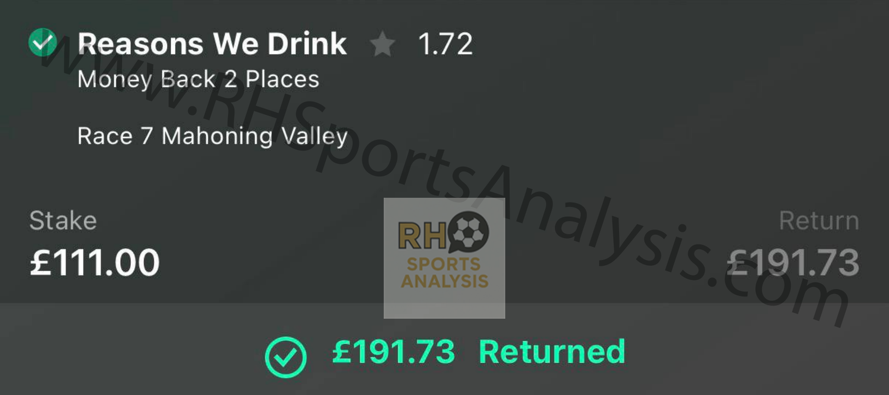 Reasons We Drink single winner at 1.72 odds Mahoning Valley