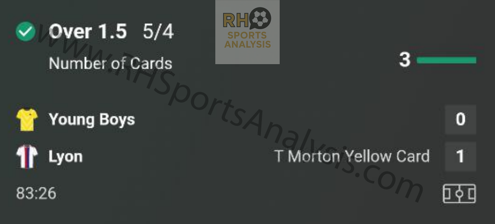 Young Boys vs Lyon Over 1.5 Cards winner at 5/4 odds Europa League