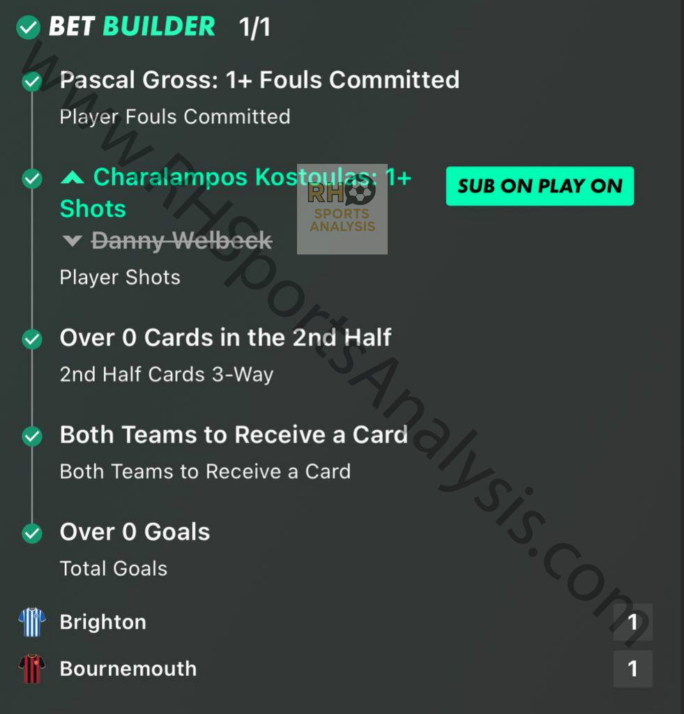 Brighton vs Bournemouth 5-leg Bet Builder betting slip - Kostoulas bicycle kick winner