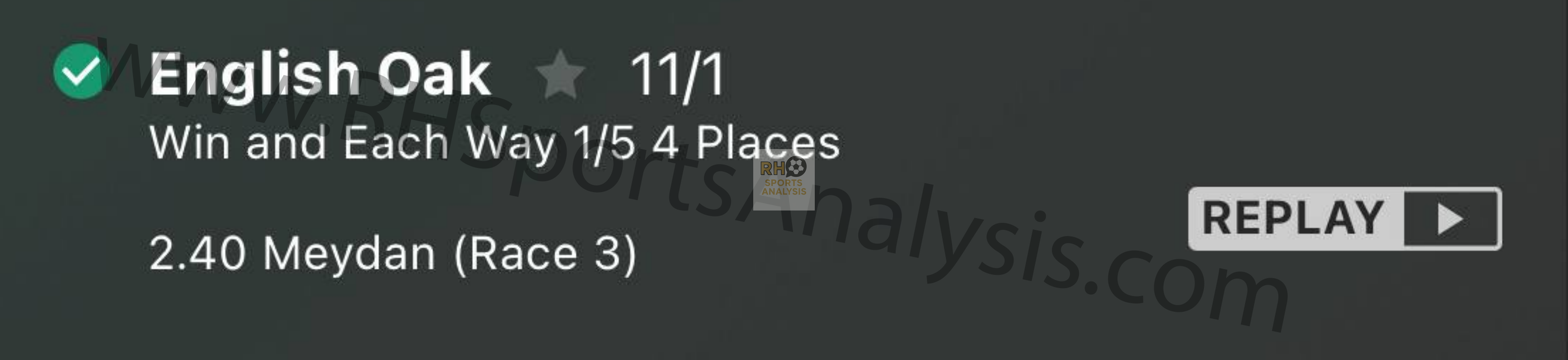English Oak Each Way betting slip at 11/1 odds - Meydan winner
