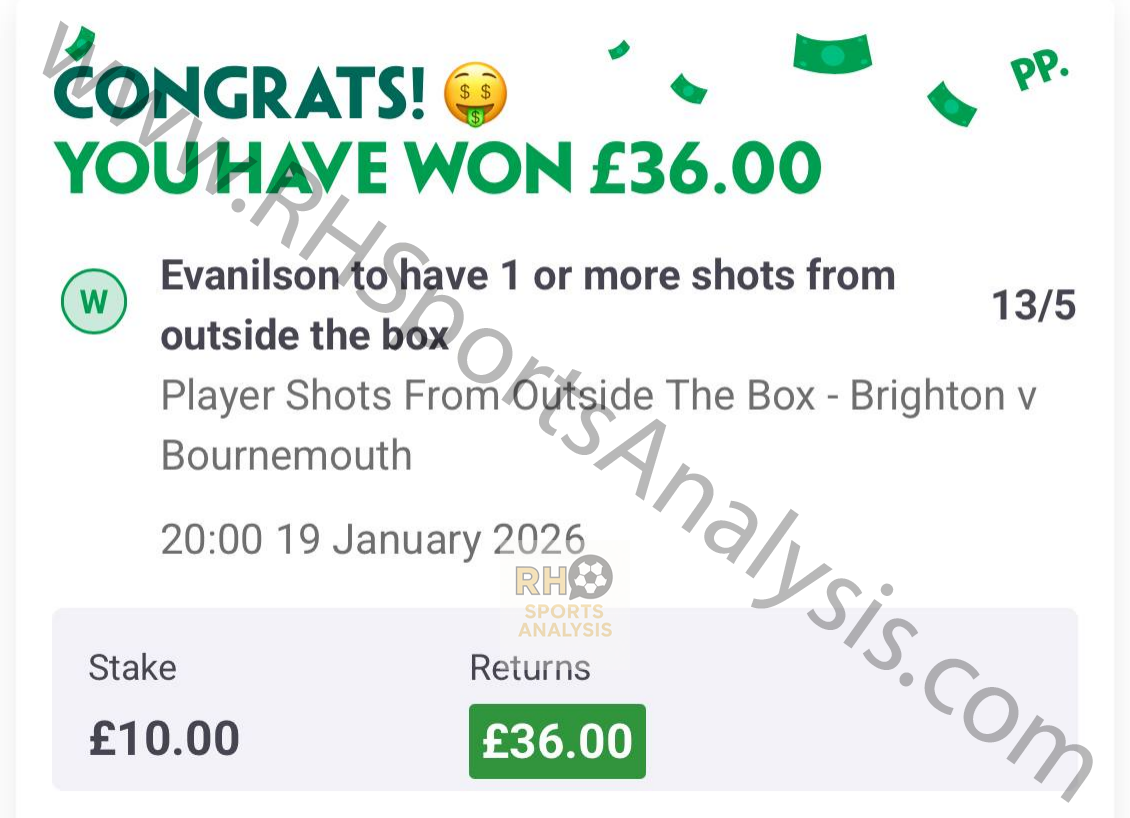 Evanilson 1+ Shots from Outside the Box betting slip at 13/5 odds - Brighton vs Bournemouth
