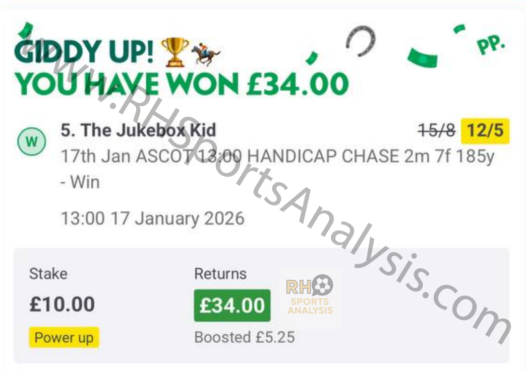 The Jukebox Kid betting slip at 12/5 odds - Ascot winner