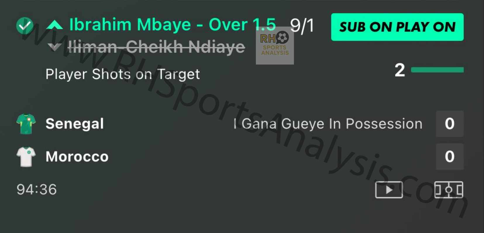 Ibrahim Mbaye Over 1.5 Shots on Target betting slip at 9/1 odds - Senegal vs Morocco AFCON Final