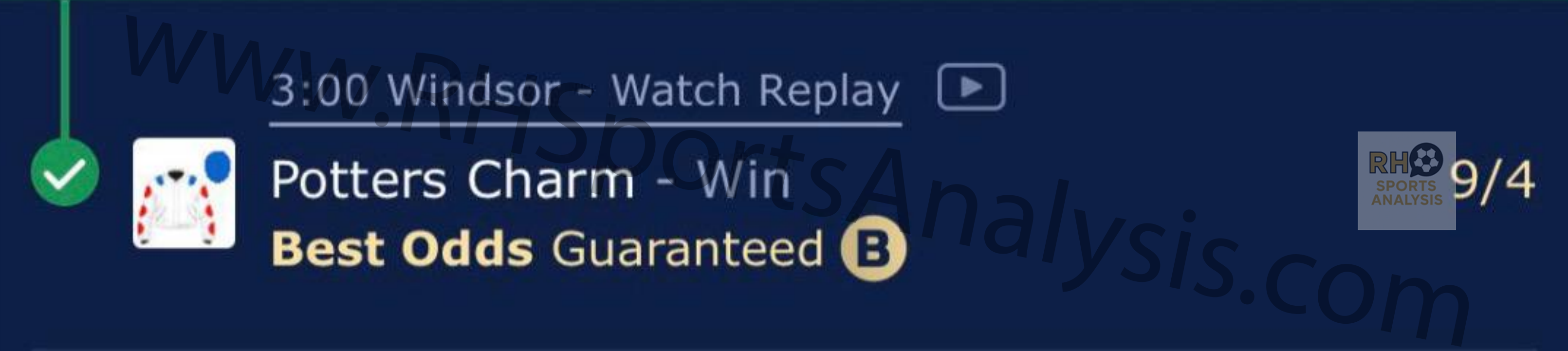 Potters Charm betting slip at 9/4 odds - Windsor winner