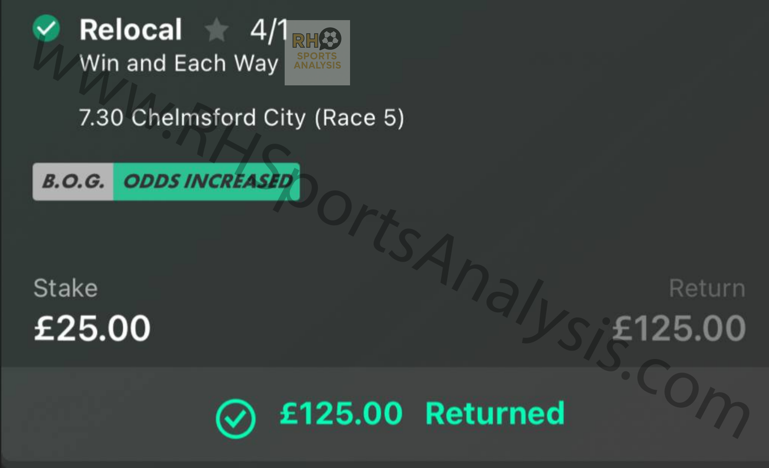 Relocal Each Way betting slip at 4/1 odds - Chelmsford City winner