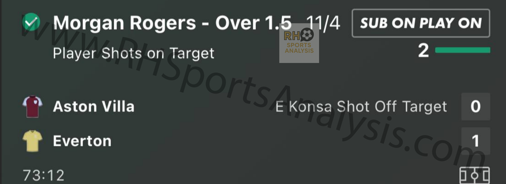 Morgan Rogers Over 1.5 Shots on Target betting slip at 11/4 odds - Aston Villa vs Everton