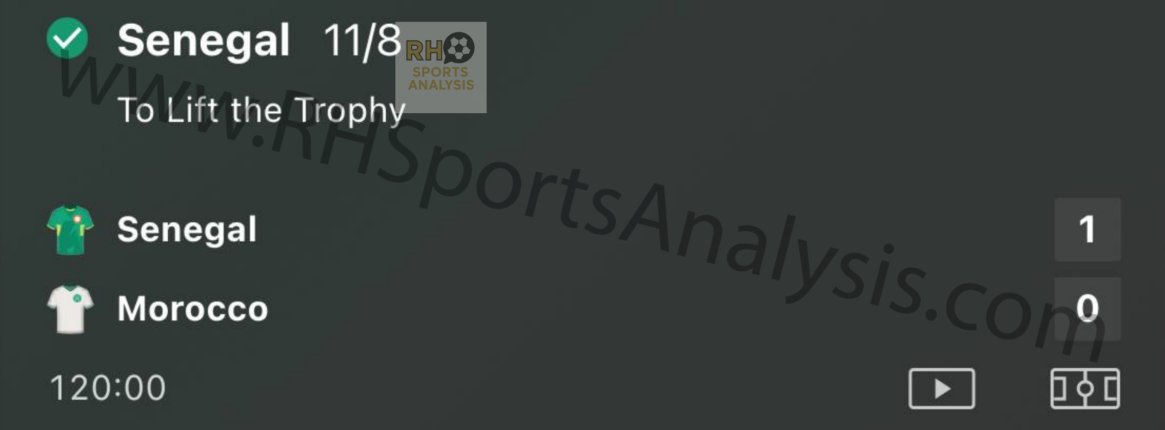 Senegal to Lift Trophy betting slip at 11/8 odds - AFCON 2025 Final winner