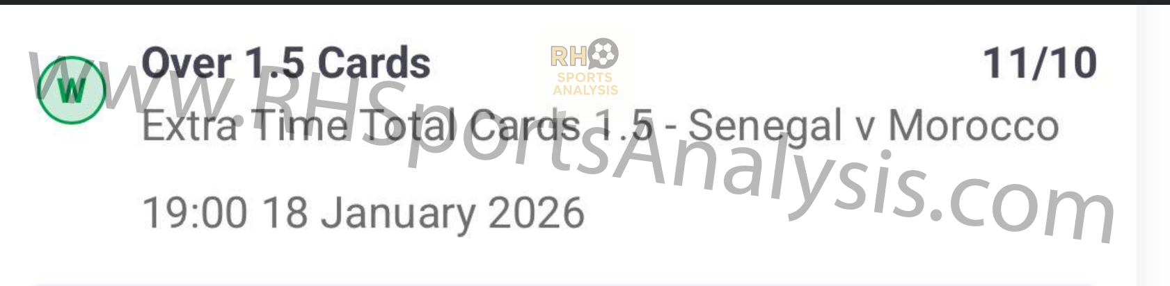 Over 1.5 Extra Time Cards betting slip at 11/10 odds - Senegal vs Morocco AFCON Final