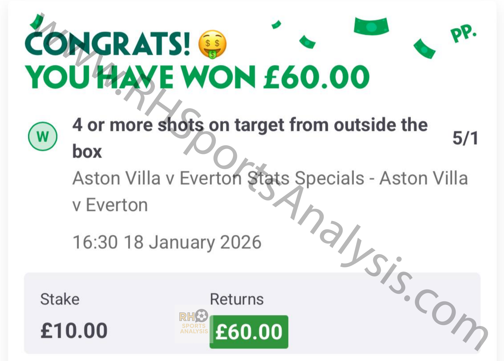 4+ Shots on Target from Outside the Box betting slip at 5/1 odds - Aston Villa vs Everton