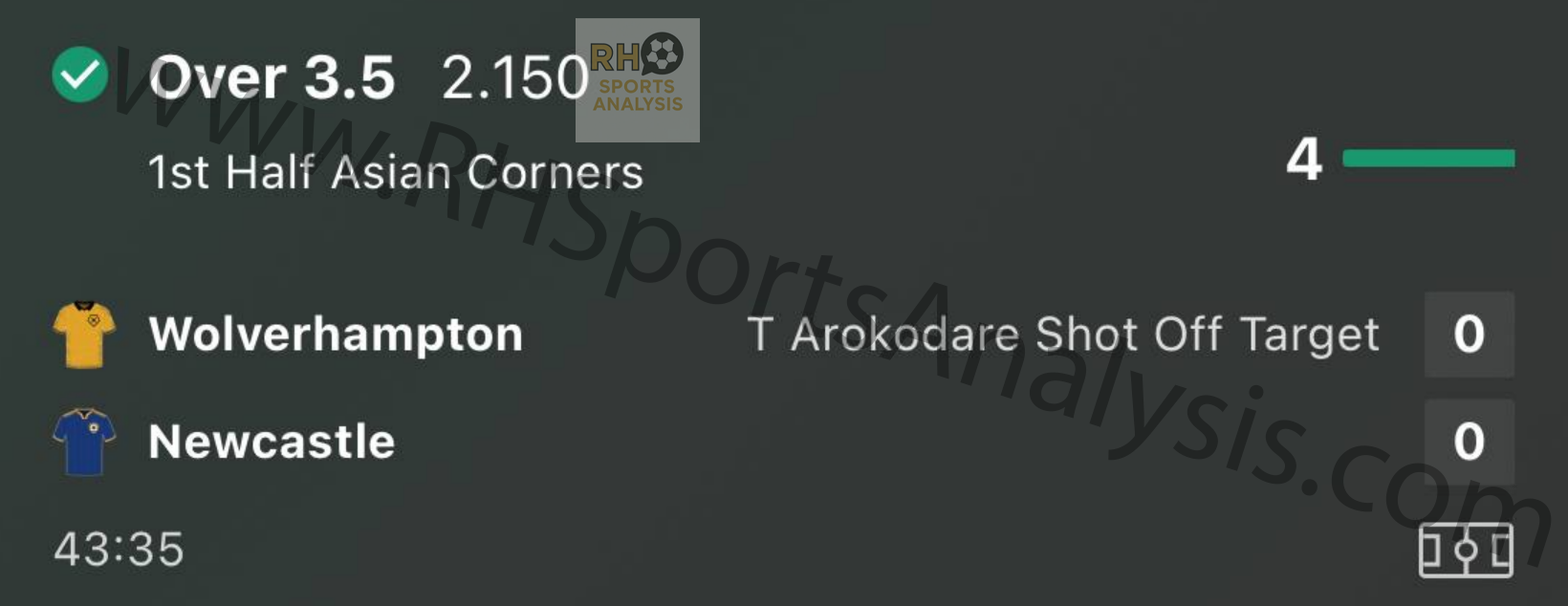 Over 3.5 First Half Asian Corners betting slip at 2.150 odds - Wolves vs Newcastle