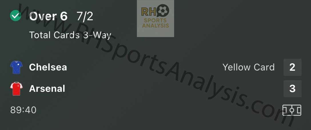 Over 6 Total Cards winning slip from Chelsea vs Arsenal Carabao Cup semi-final