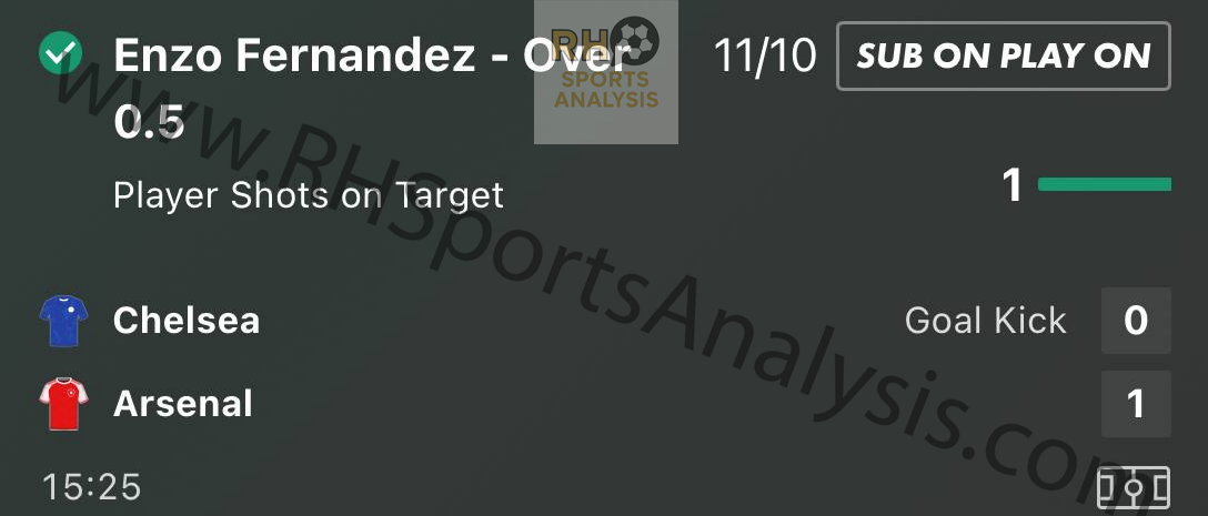 Enzo Fernandez Over 0.5 Shots on Target winning slip from Chelsea vs Arsenal